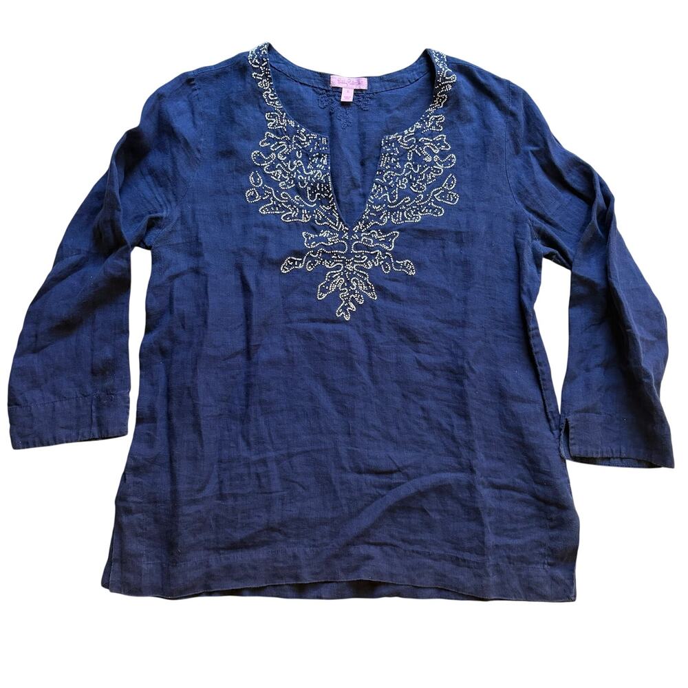Lilly Pulitzer Amelia Island Embroidered Linen Tunic Navy Blue Large Resort